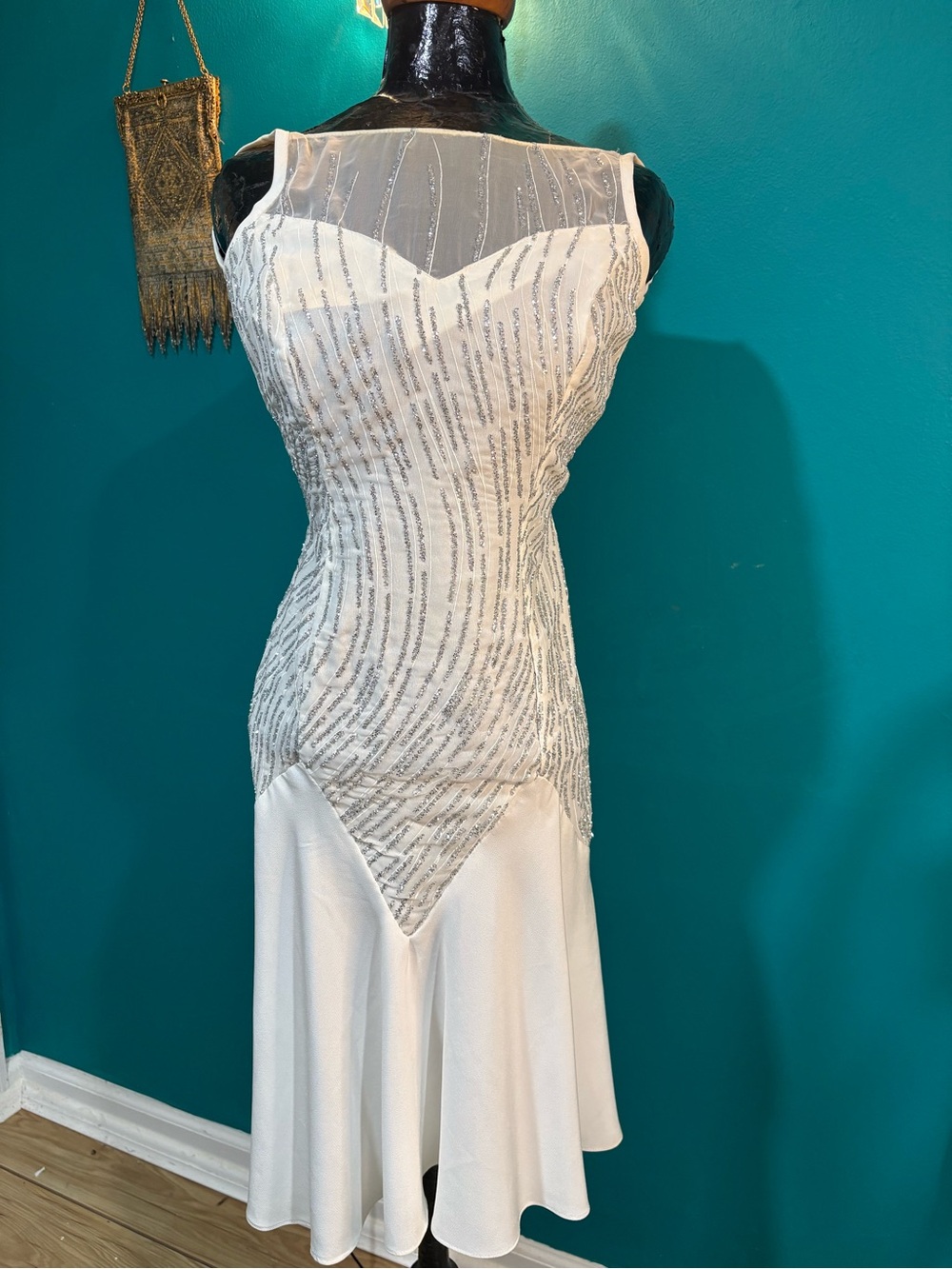 Vintage White Beaded Illusion Neckline Dress